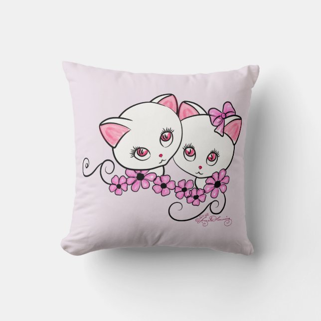 Två gulliga kattungar med rosa daisy kudde (Framsida)