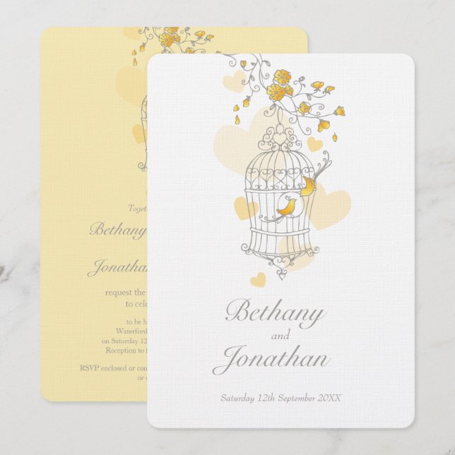 Två gulter öppen fågelburk bröllop inbjudningar (Fram/baksida)