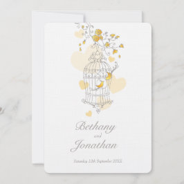 Två gulter öppen fågelburk bröllop inbjudningar