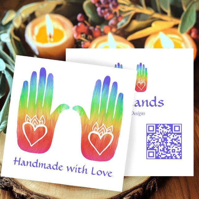Två Händer Hearts Hamsa Rainbow ANPASSNINGSBAR QR  Fyrkantigt Visitkort (Two Hands Hearts Hamsa Rainbow CUSTOM QR Code Square Business Card
)