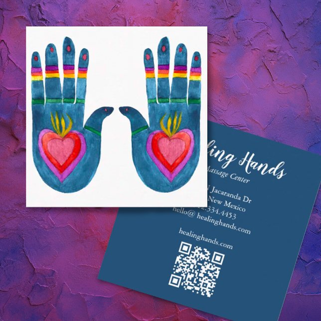 Två Händer-lagningars vattenfärgsfärg Boho QR-kod Fyrkantigt Visitkort (Colorful rainbow watercolor hands custom business card with QR code)
