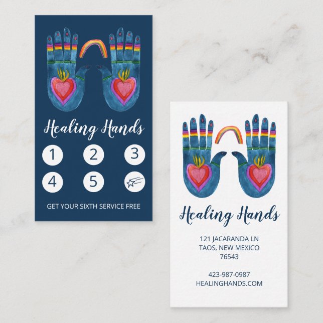 Två Händer Regnbåge för läkning, vattenfärg 5 Lojalitetskort (Fram/baksida)