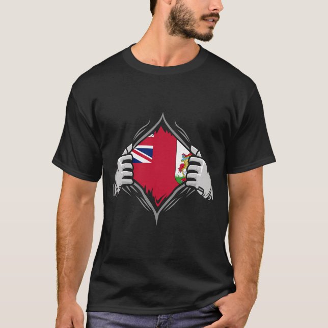 Två Händer Ripping Revealing Flagga av Bermuda T Shirt (Framsida)