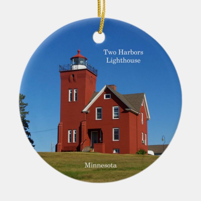 Två Harbors Lighthouse-prydnadsföremål Julgransprydnad Keramik (Framsidan)