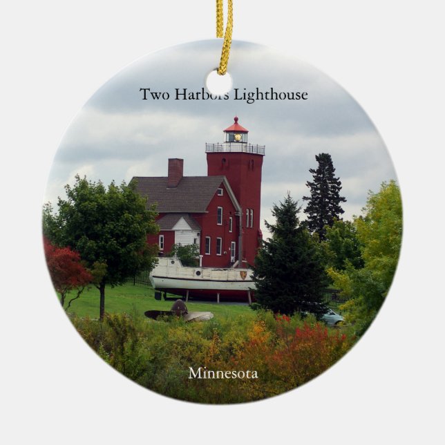 Två Harbour Lighthouse & Boat-prydnadsföremål Julgransprydnad Keramik (Framsidan)