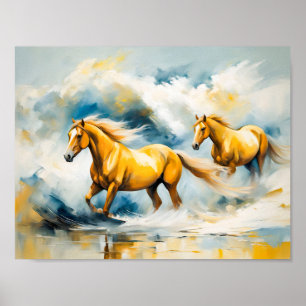 Två hästar galloping genom Shallow Vatten Poster