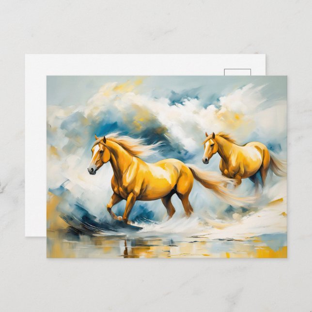 Två hästar galloping genom Shallow Vatten Vykort (Fram/baksida)