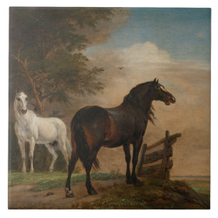 Två hästar i en Meadow nära Grind (Paulus Potter) Kakelplatta