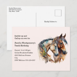 Två hästar med Feather Décor Boho Födelsedagsfest Inbjudan Vykort