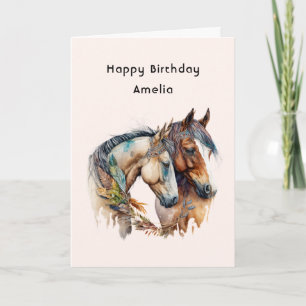 Två hästar med Feather Dekorations Boho Birthday Kort