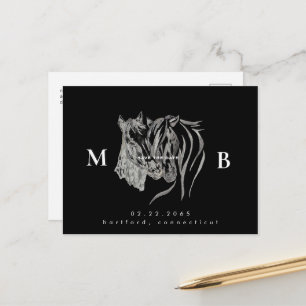 Två hästar Monogram Black Bröllop spara datum Meddelande Vykort