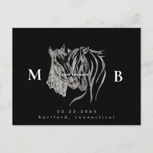 Två hästar Monogram Black Bröllop spara datum Vykort