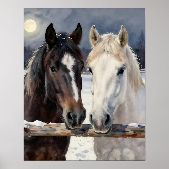 Två hästar på en snöig gård under månen poster (Framsidan)