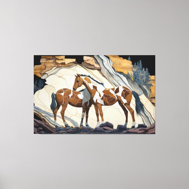 Två hästar tar en vila på Sten. Canvas Pri (Framsida)