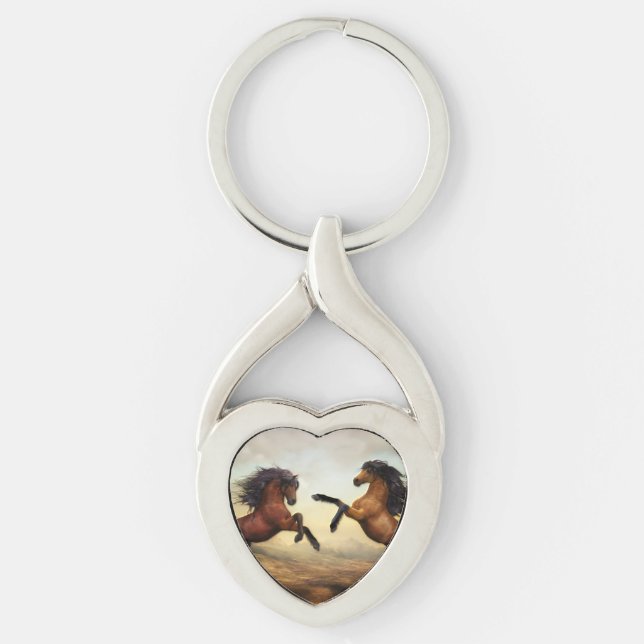 Två hästar twisted heart silverfärgad nyckelring (Framsidan)