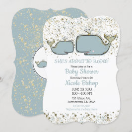 Två havsvalar Blå & Guld Boutique Baby Shower Inbjudningar