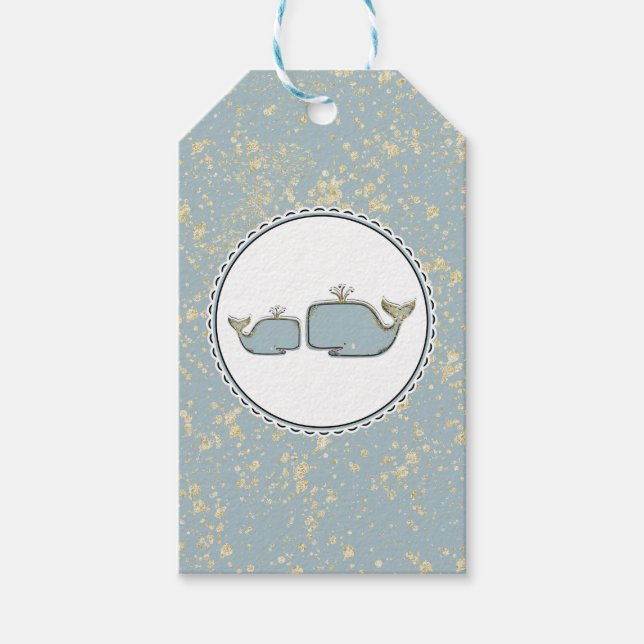 Två havsvalar Blå & Guld Boutique Baby Shower Presentetikett (Framsidan)