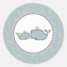 Två havsvalar Blå & Guld Boutique Baby Shower Runt Klistermärke