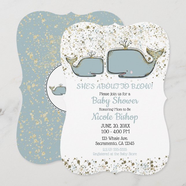 Två havsvalvlar Blå & Guld Boutique Baby Shower Inbjudningar (Fram/baksida)