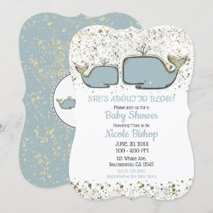Två havsvalvlar Blå & Guld Boutique Baby Shower Inbjudningar