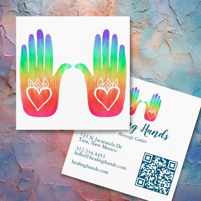 Två Healing Händer Hearts Hamsa Rainbow QR Code Fyrkantigt Visitkort (Rainbow hands custom business card with QR code)
