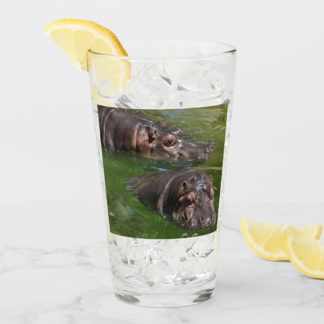 Två Hippos i en damm, dricksglas Glaskopp (Framsida Ice)