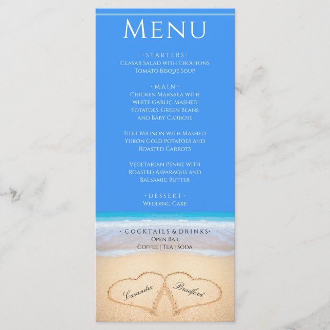 Två hjärtan på Beach Wedding Bright Menu Meny (Framsida)