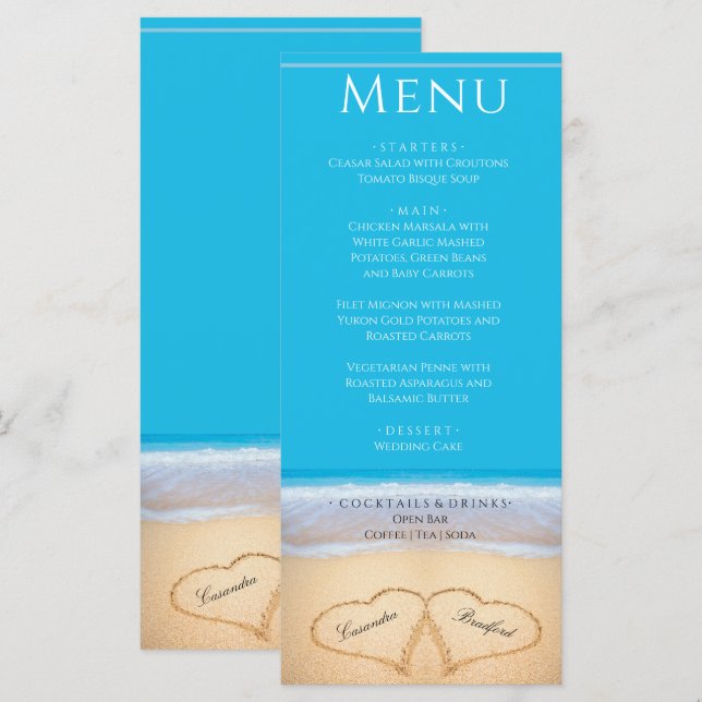 Två hjärtan på Beach Wedding-menyn Meny (Fram/baksida)