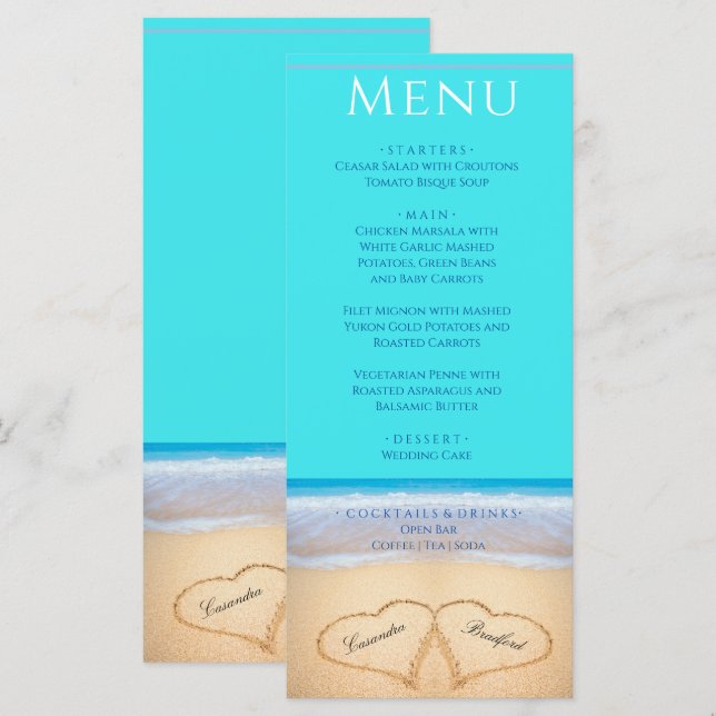 Två hjärtan på Beach Wedding Teal Blue Menu Meny (Fram/baksida)