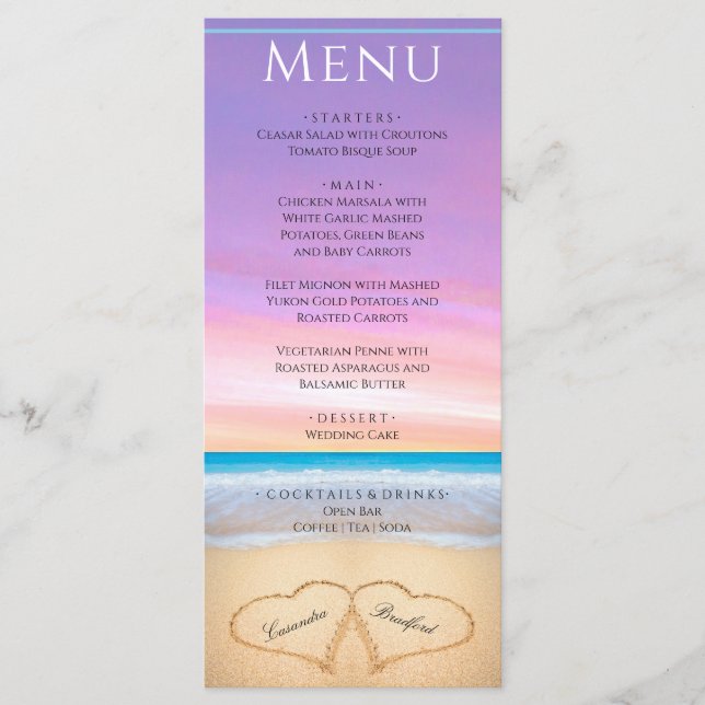 Två hjärtan på Lila Rosa Menu på Beach Wedding Meny (Framsida)