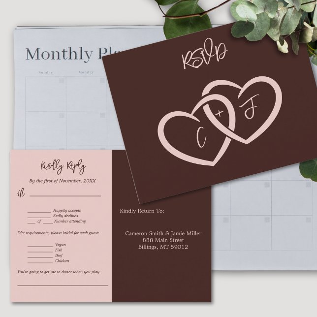 Två Hjärtans Bröllopsmeny Musikval RSVP-kort Vykort (Two Hearts Wedding Menu Music Choice RSVP Card)