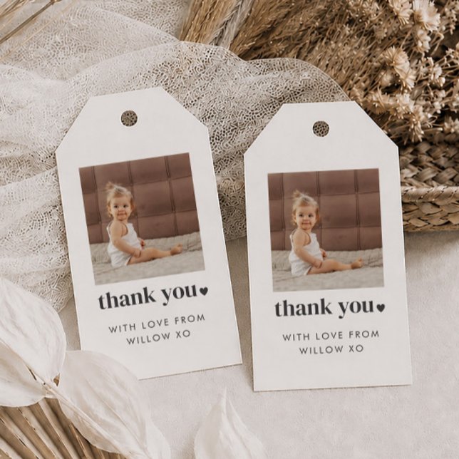 Två hjärtformad fyrkantig fotobrickett 2-års födel presentetikett (Zazzle Two Heart Square Photo 2nd Birthday Favor Gift Tags)