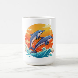 Två hoppande tecknade delfiner kaffemugg