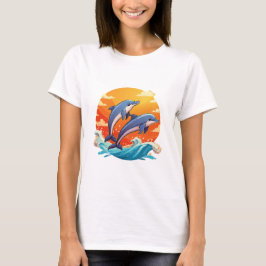 Två hoppande tecknade delfiner t shirt