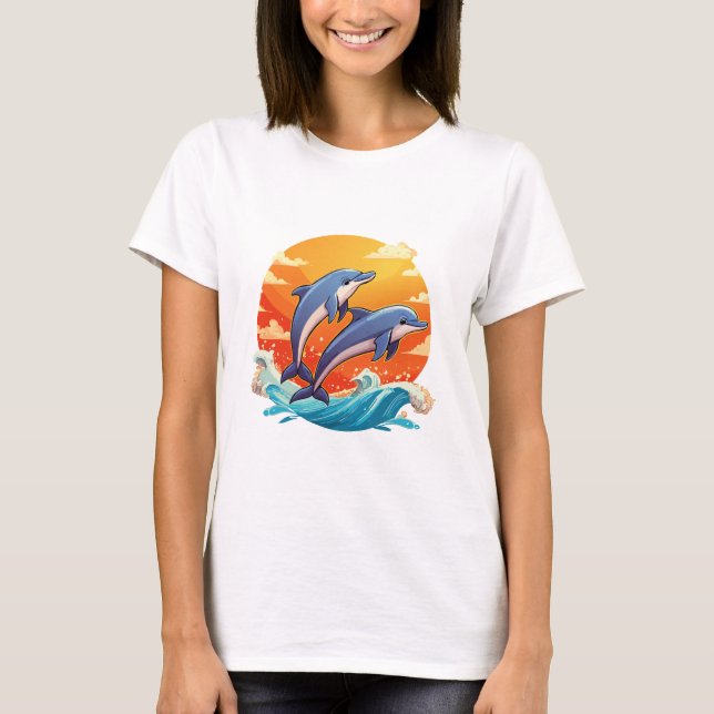 Två hoppande tecknade delfiner t shirt (Framsida)