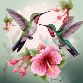 Två Hummingbird med Rosa Hibiscus Flower Lumbarkudde