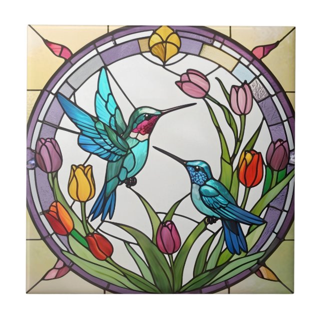 Två Hummingbird & Tulip Flower Faux Stached Glass Kakelplatta (Framsidan)