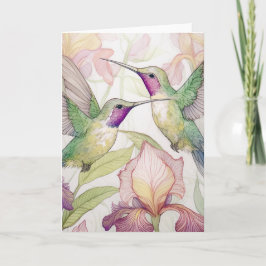 Två hummingfåglar med persikoiris tack kort