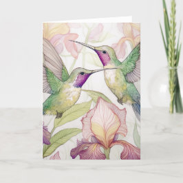 Två hummingfåglar med persikoiris tack kort
