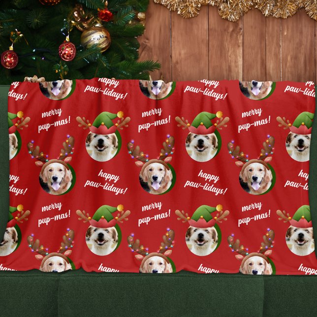 Två Hund Photo Reindeer Antler God jul Red Fleecefilt (Skapare uppladdad)