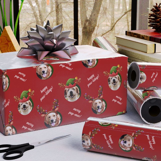 Två Hund Photo Reindeer Antler God jul Red Presentpapper (Skapare uppladdad)