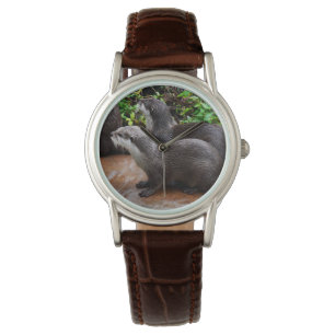 Två Hungriga otters som väntar på fisk. Armbandsur