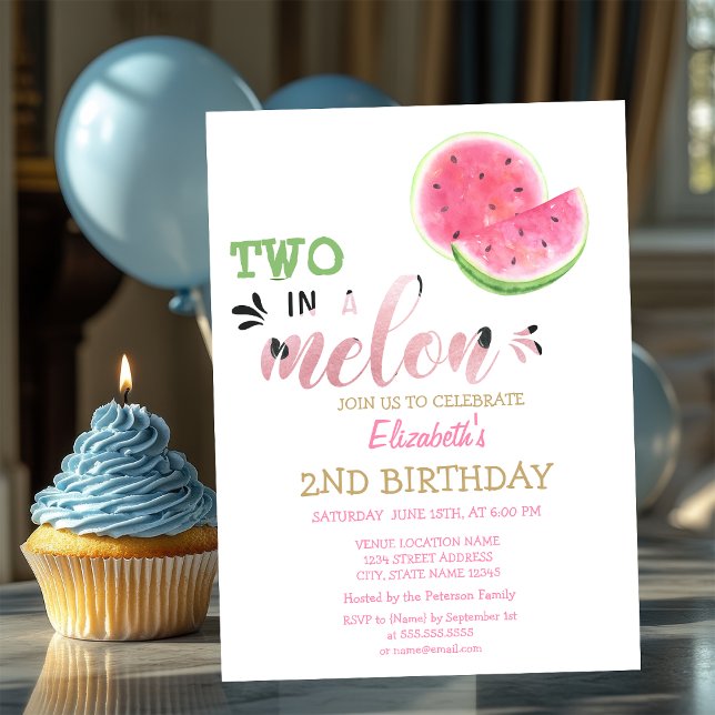 Två i en melon Vattenmeloner 2-års födelsedag Inbjudningar (Skapare uppladdad)