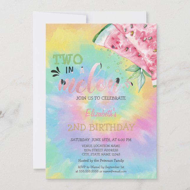 Två i en vattenmelon Vattenmeloner Tye Dye 2-årsda Inbjudningar (Framsida)