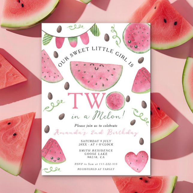 Två i Melon Cute Watermelon Girl 2 Birthday Inbjudningar (Skapare uppladdad)