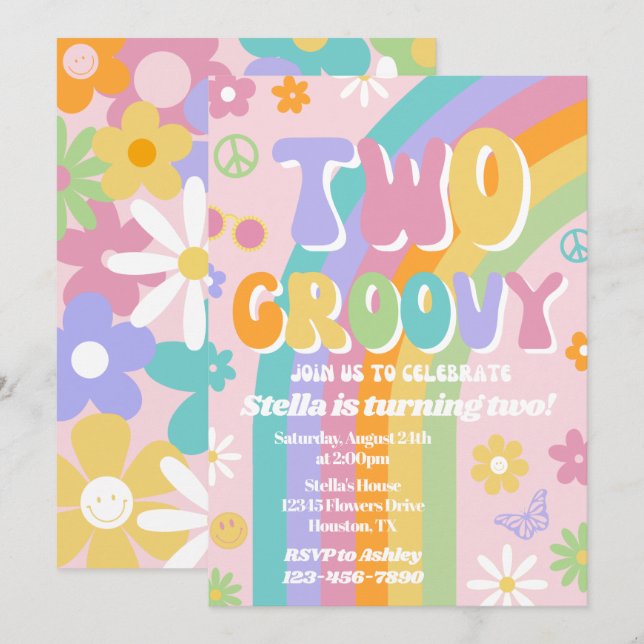 Två inbjudningar till Groovy Birthday (Fram/baksida)