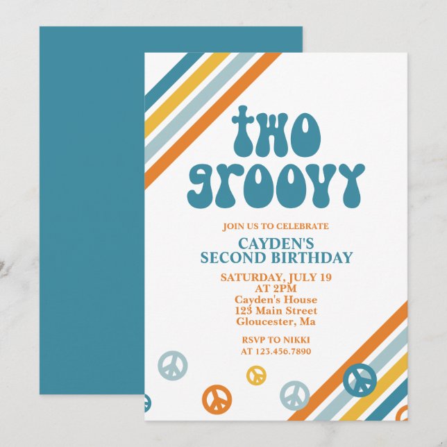 Två inbjudningar till Groovy Retro Boy på födelsed (Fram/baksida)
