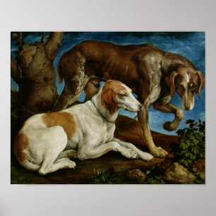 Två jaktande Hundar Tied till en Träd-stump, 1548- Poster