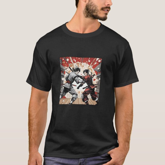 Två japanska karate-spelare Fight Illustration Gra T Shirt (Framsida)