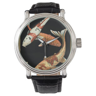 Två japanska koi Goldfish på svart bakgrund Armbandsur